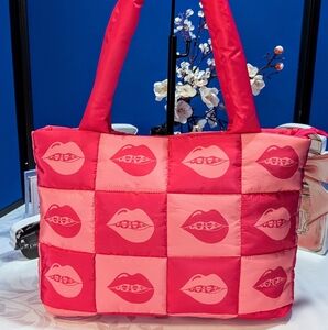 Red and Pink Lips Patterned Puffer Tote Shoulder Bag